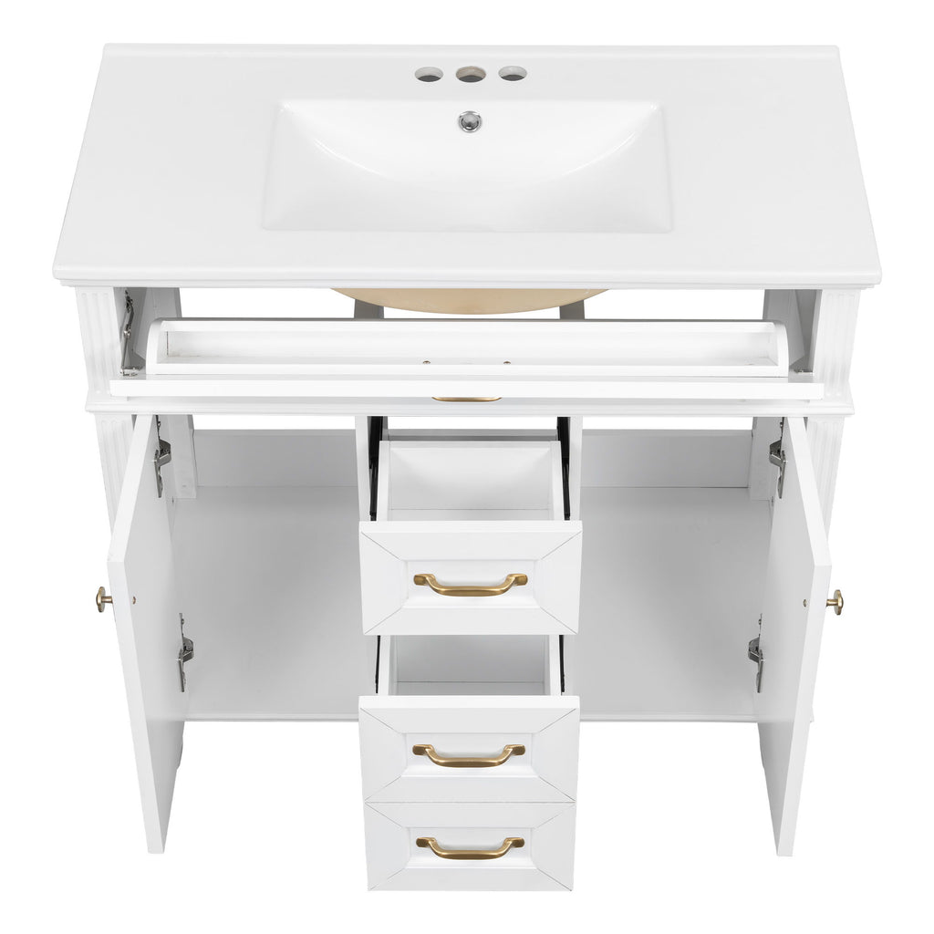 Bathroom Vanity With Sink, Flip-Out Top Drawer, Soft Close Doors, 2 Storage Drawers