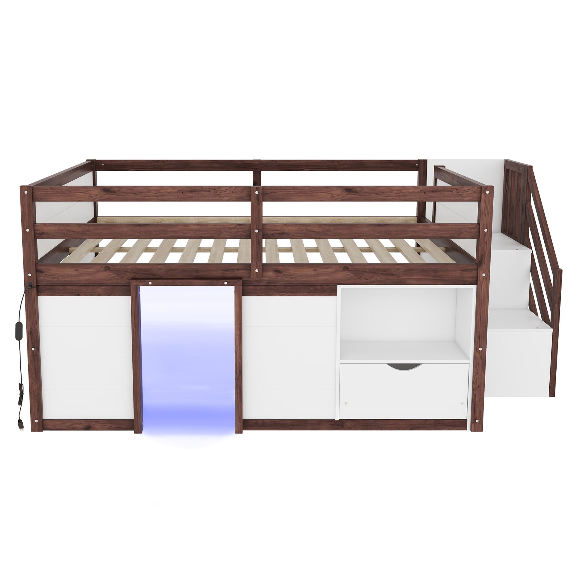 Low Loft Bed Frame With Built In Stairs, Storage Drawer, Shelf And 7 Color LED Light