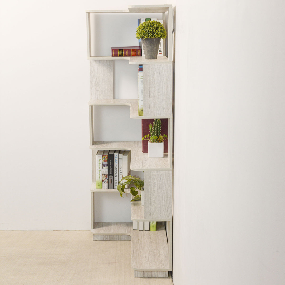 L-Shaped Corner Bookshelf 90Cm Extended Size 5 Tier Freestanding Display Shelf With Anti Tip Safety Features - Light Gray