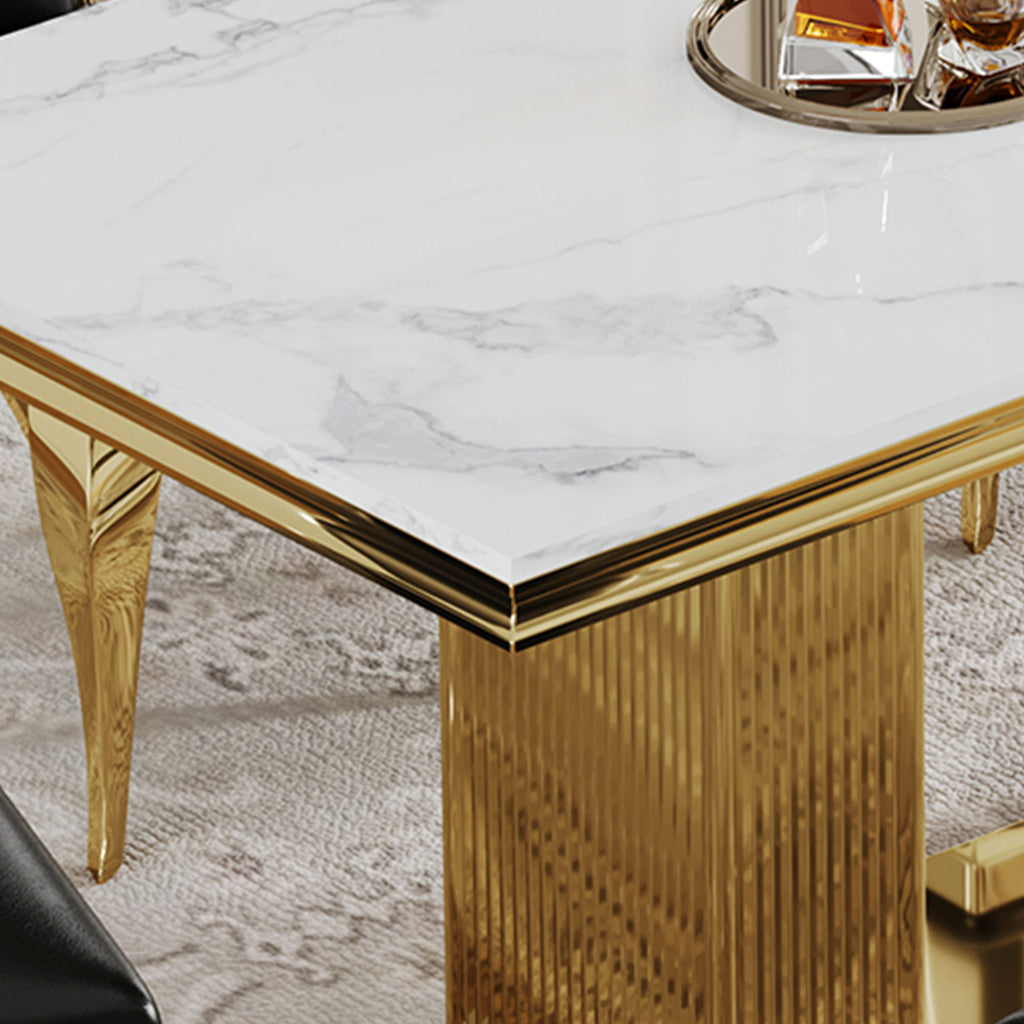 Marble Printed Top Rectangular Dining Table, Stainless Steel Base With Mirrored Finish