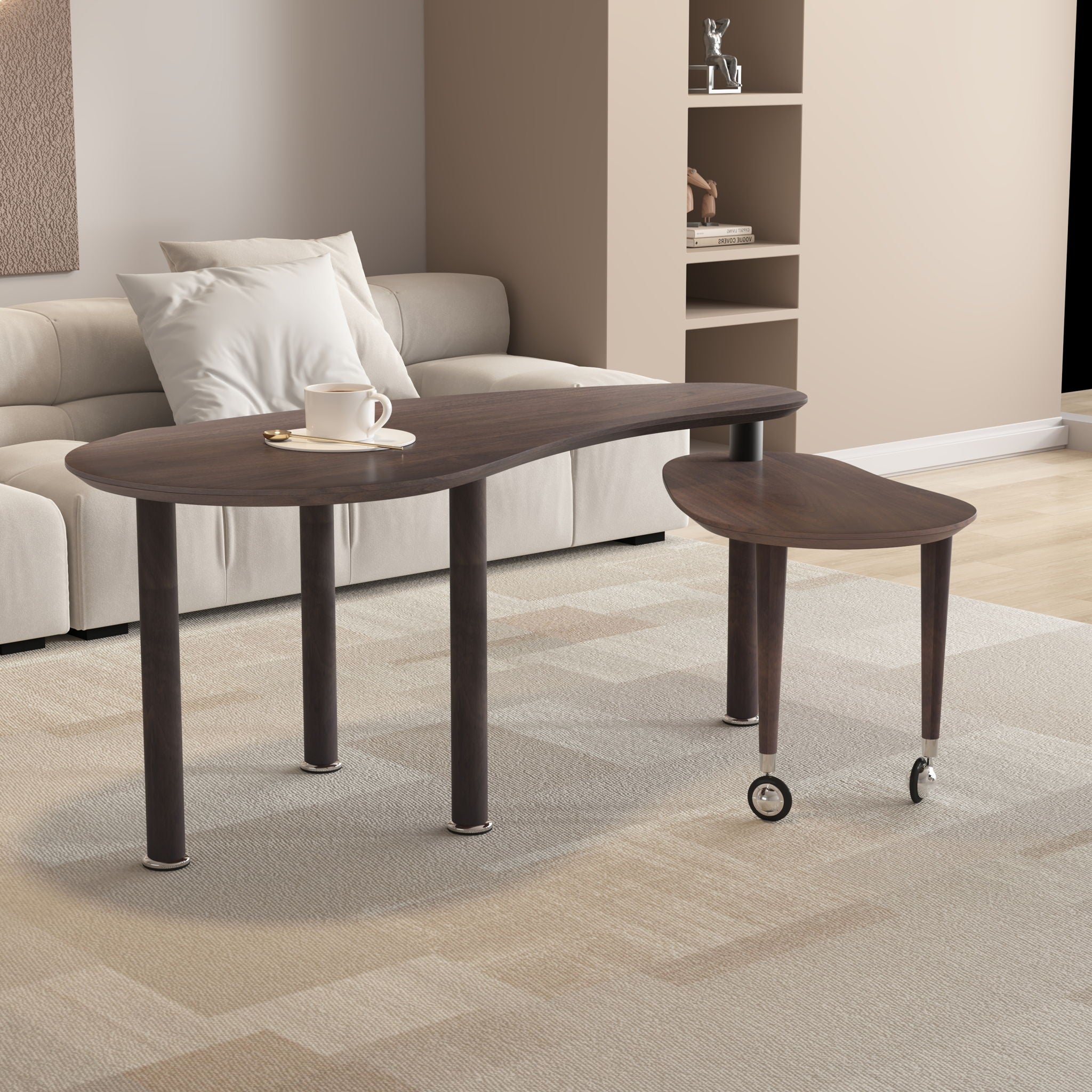 Rotatable Coffee Table With Solid Legs, 360 Degree Swivel, Waterproof - Walnut