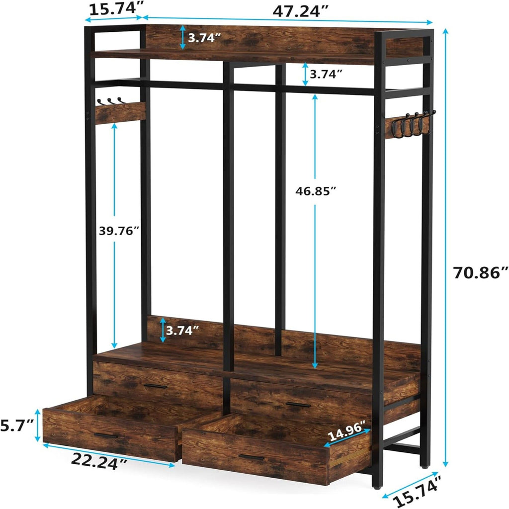 Freestanding Closet Organizer With 4 Drawers, 8 Hooks, Shelves, And Hanging Rod - Brown / Black