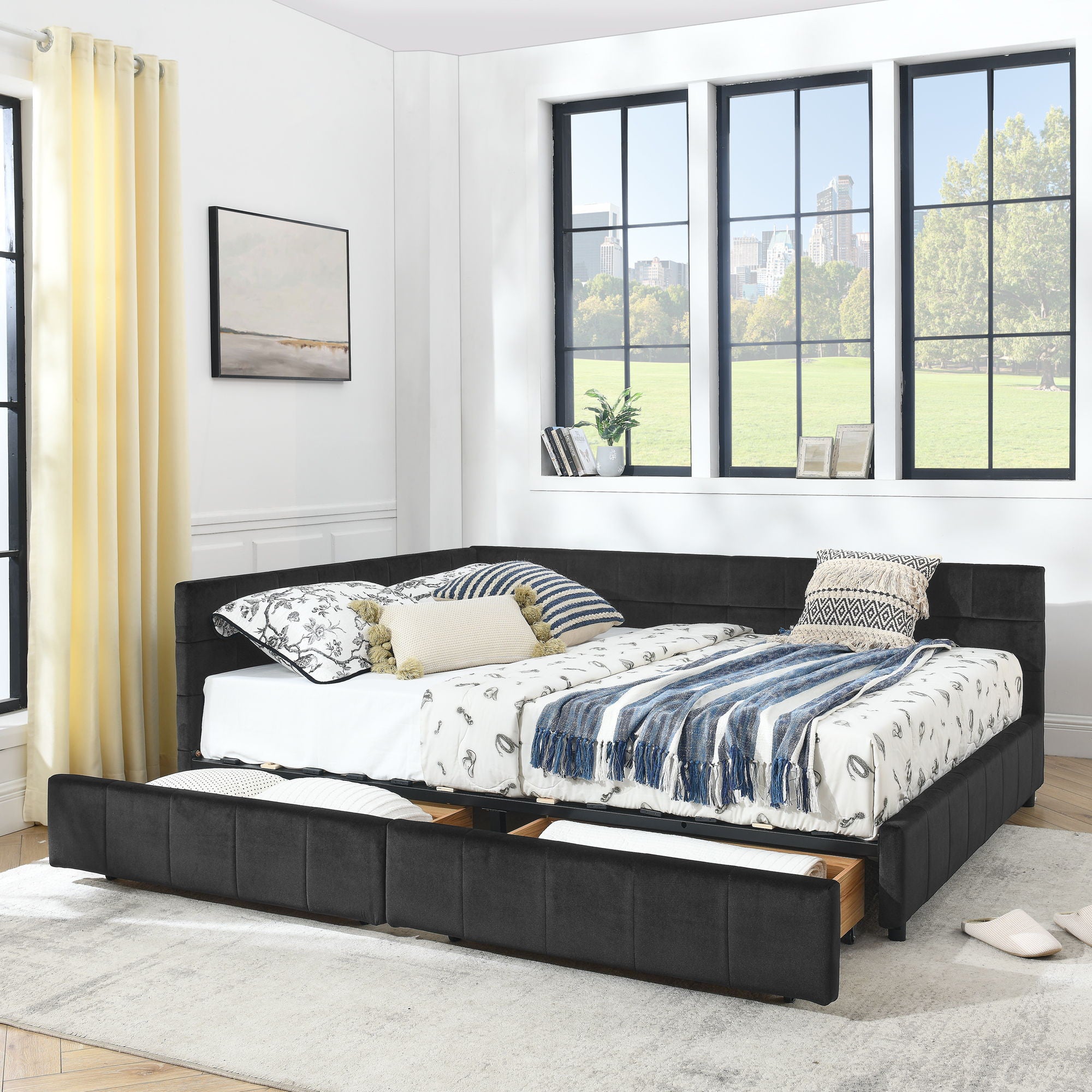 Storage Elegant Upholstered Tufted Bed Frame With Backrest And Armrests