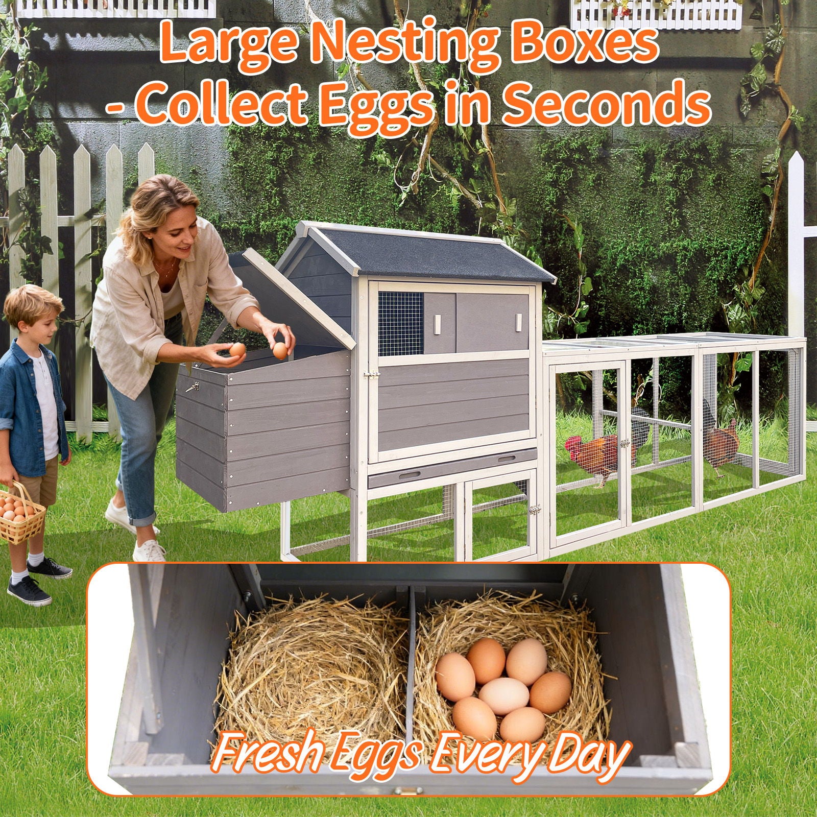 Chicken Coop, Large Outdoor Hen House With Run And Nesting Box Poultry Cage