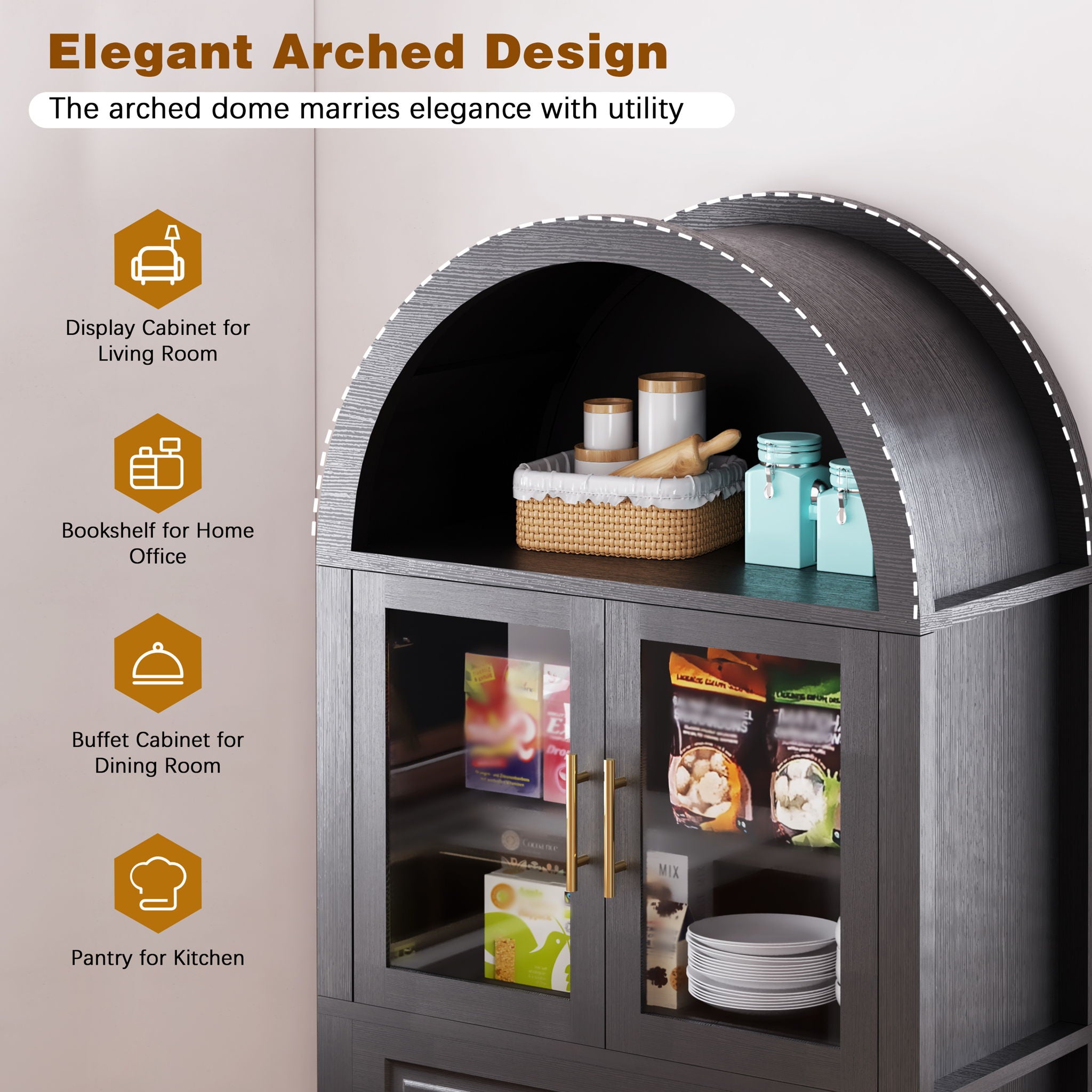 Arched Kitchen Pantry Cabinet With Adjustable Shelves And Barn Door Design