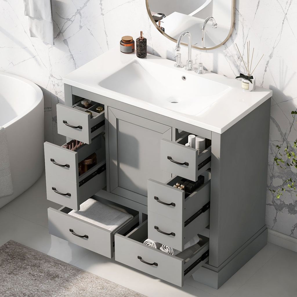 Modern Bathroom Vanity With Sink, 6 Drawers, Adjustable Shelf