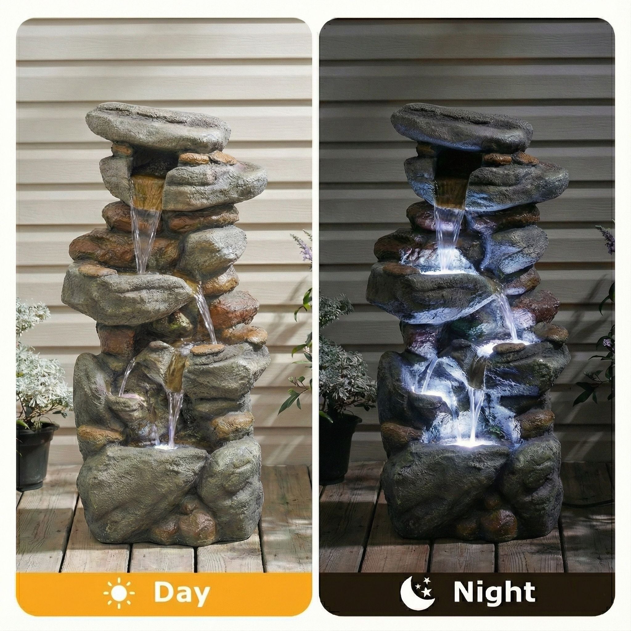 Stacked Rock Waterfall Fountain With LED Lights For Garden - Gray