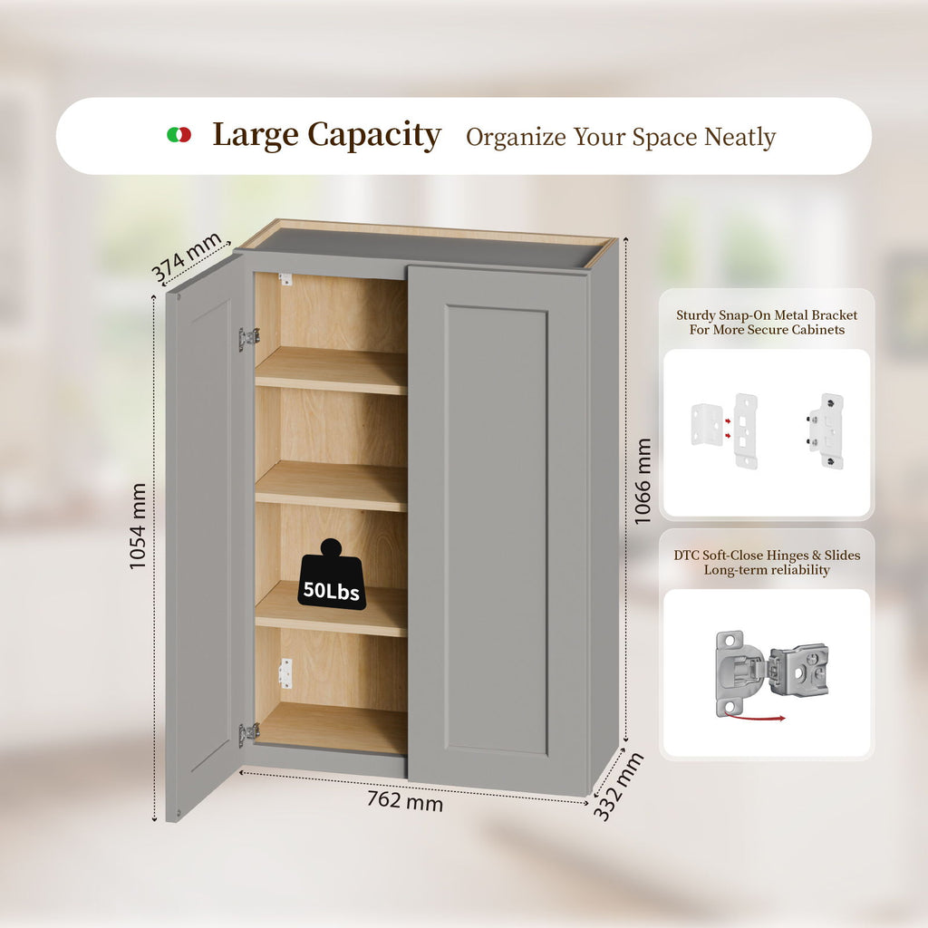 Shaker Wall Cabinet, Soft Close Doors, Adjustable Shelves, Double Door Storage - Gray