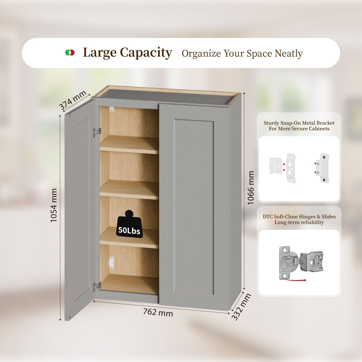 Shaker Wall Cabinet, Soft Close Doors, Adjustable Shelves, Double Door Storage - Gray