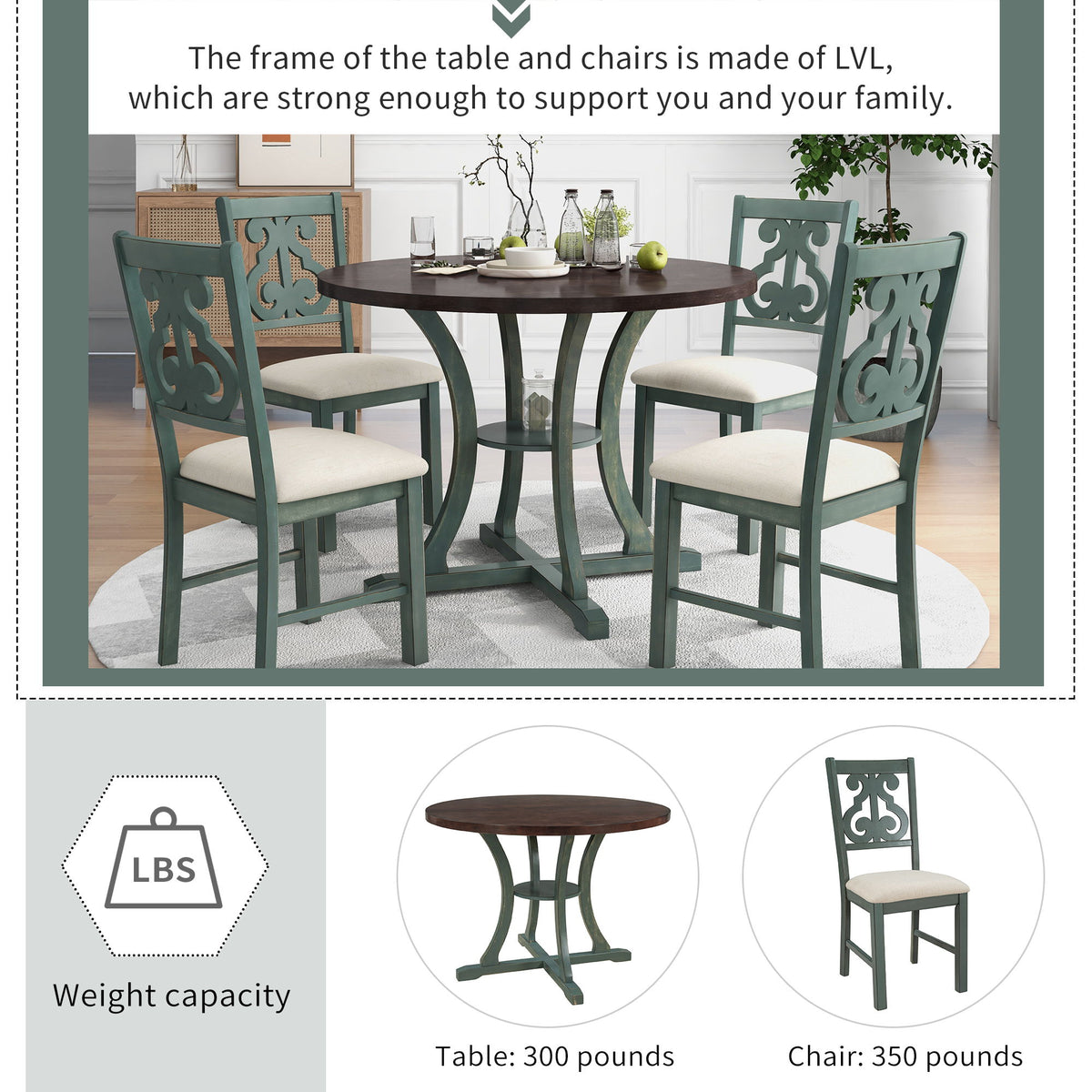 5 Piece Round Dining Table And Chair Set With Unique Legs And Hollow Chair Back