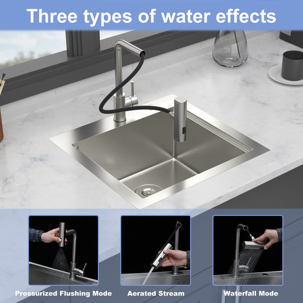 21" Drop In Kitchen Sink With Pull Out Faucet And Sink Cover, 16 Gauge - Brushed Nickel
