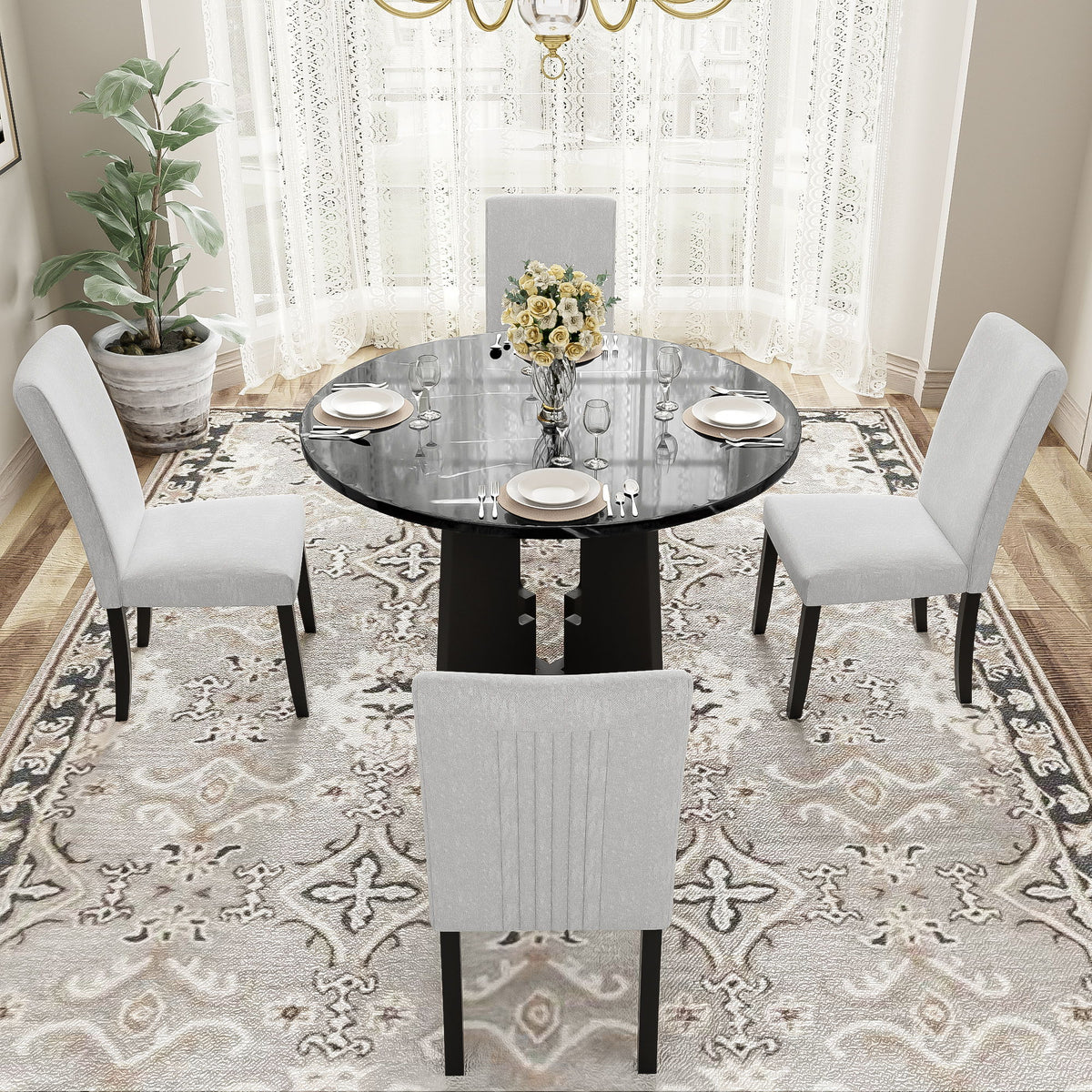 5 Piece Round Dining Table Set, Modern Dining Table And 4 Upholstered Chairs For Dining Room