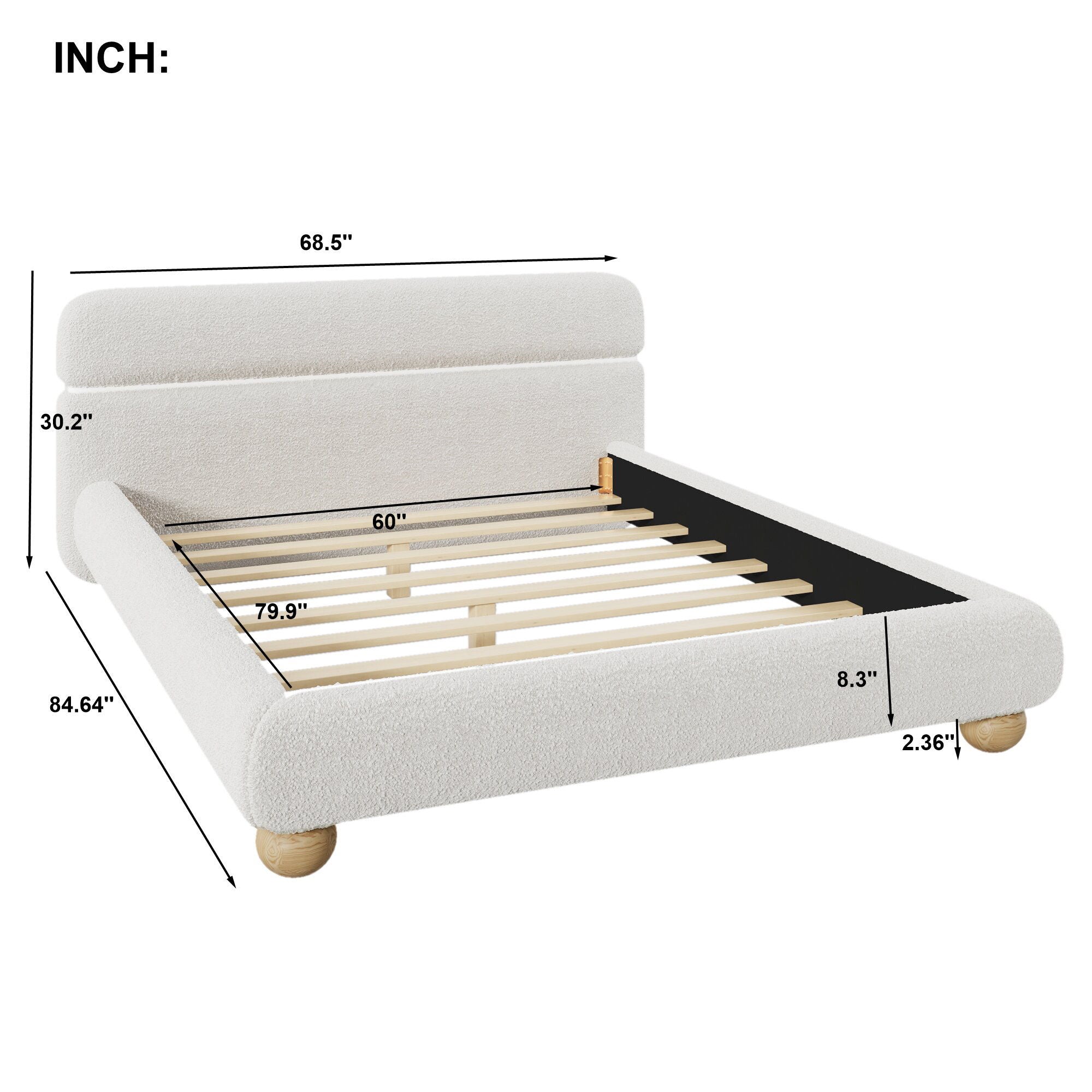 Queen Size Low Profile Upholstered Bed - White