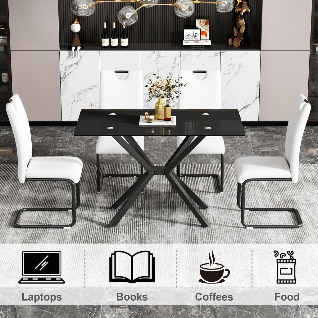 Rectangular Black Tempered Glass Dining Table, Stylish Design & Chrome Plated Metal Legs, Dining Table For Dining Room - Black