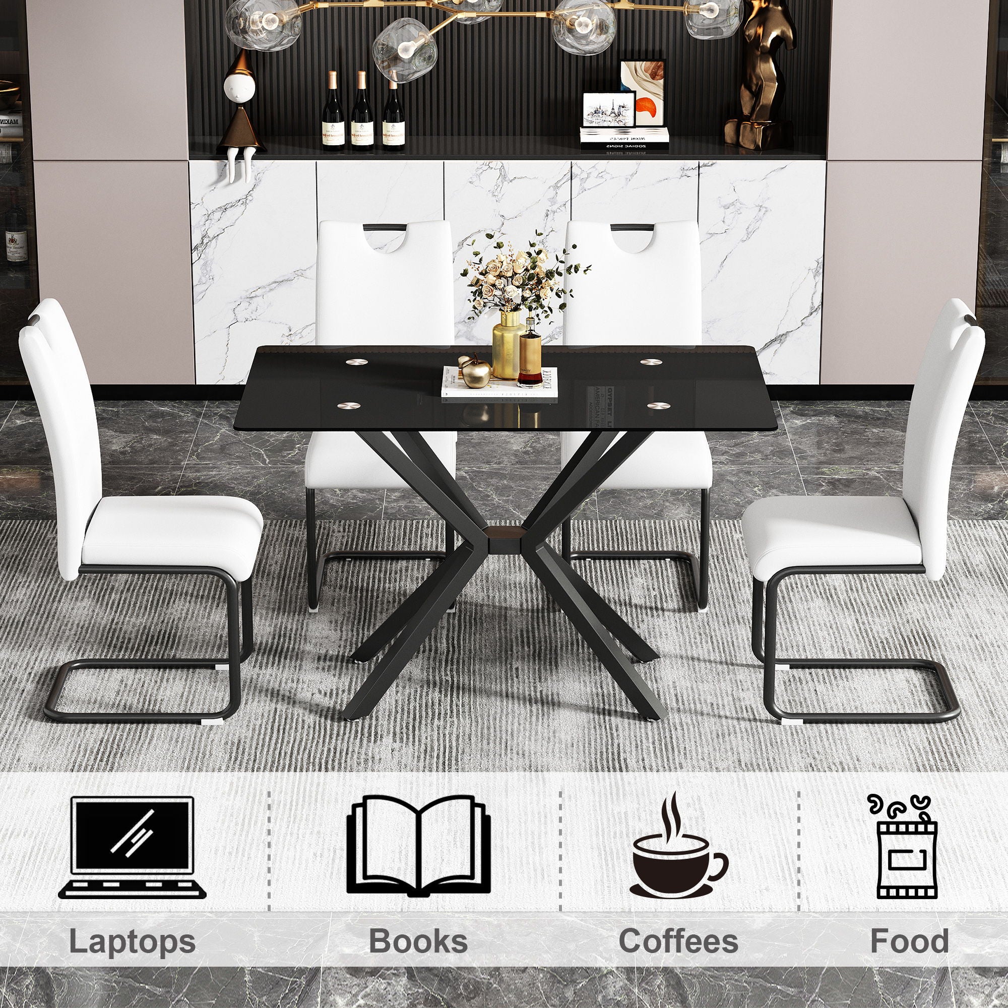 Rectangular Black Tempered Glass Dining Table, Stylish Design & Chrome Plated Metal Legs, Dining Table For Dining Room - Black