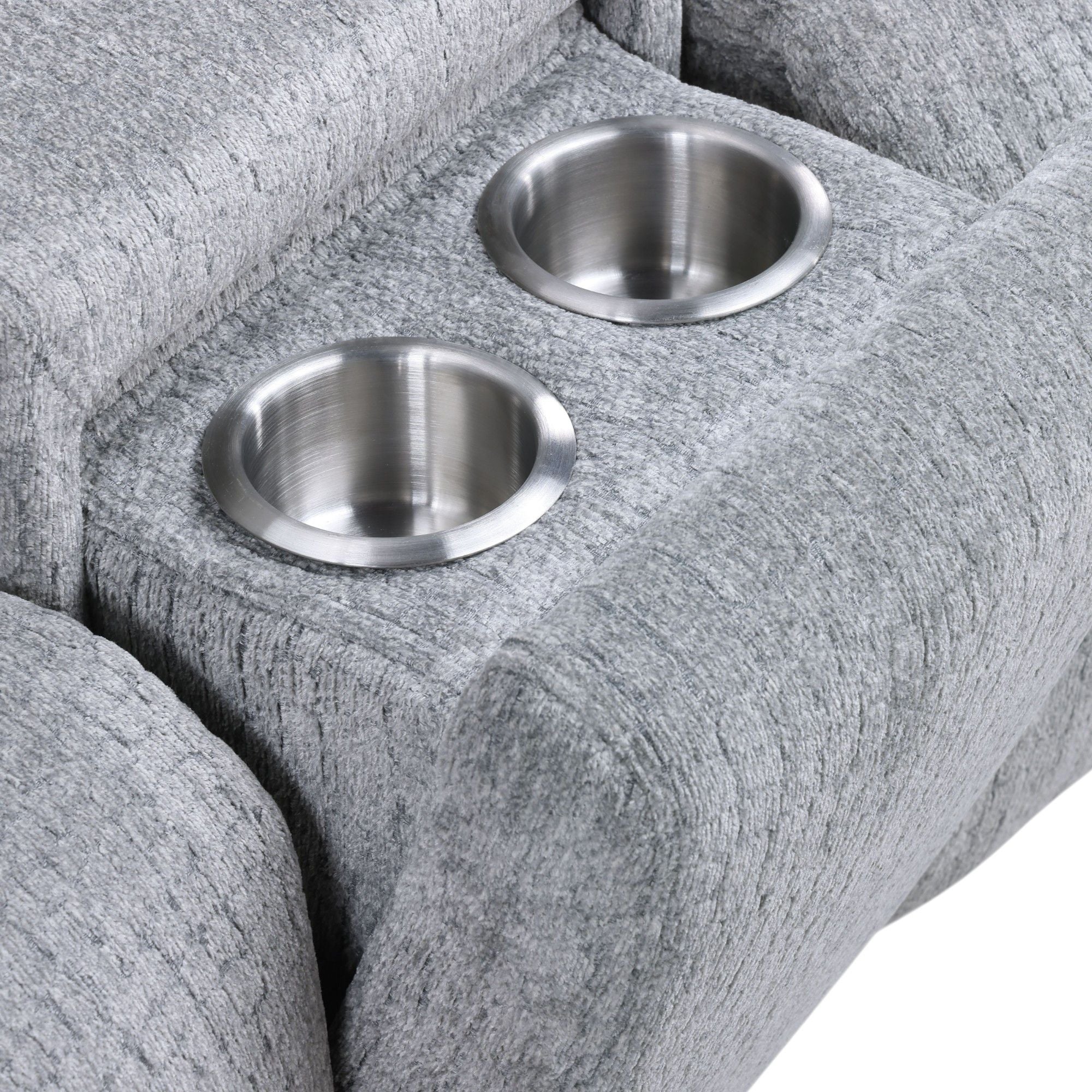 Fullar - Modular Power Motion Sectional Sofa With Console, 2 Wireless Chargers, 4 Cupholders, And 2 Speakers, 1 Phone Holder And 1 Reading Light, Adjustable Headrest - Light Gray