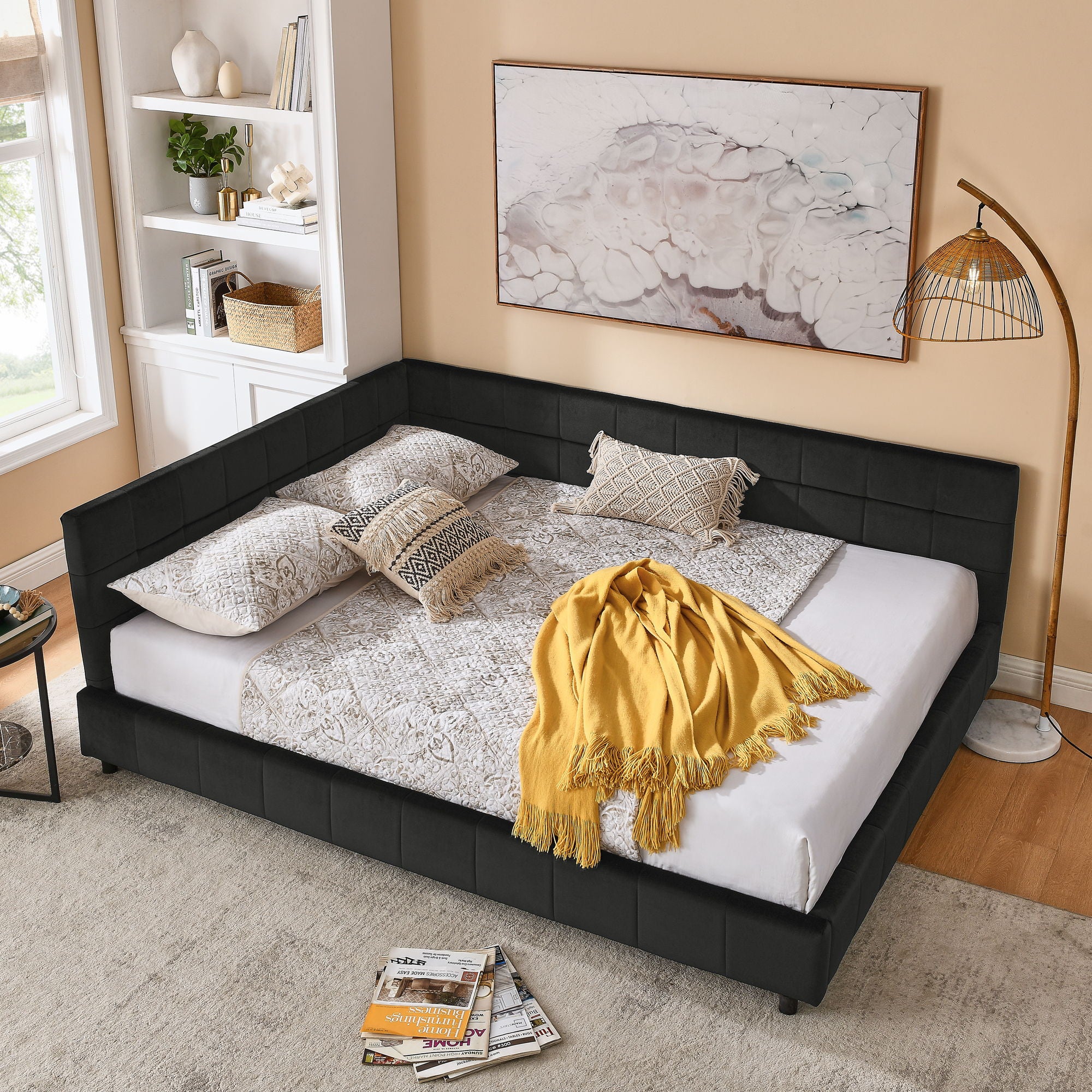 Storage Elegant Upholstered Tufted Bed Frame With Backrest And Armrests