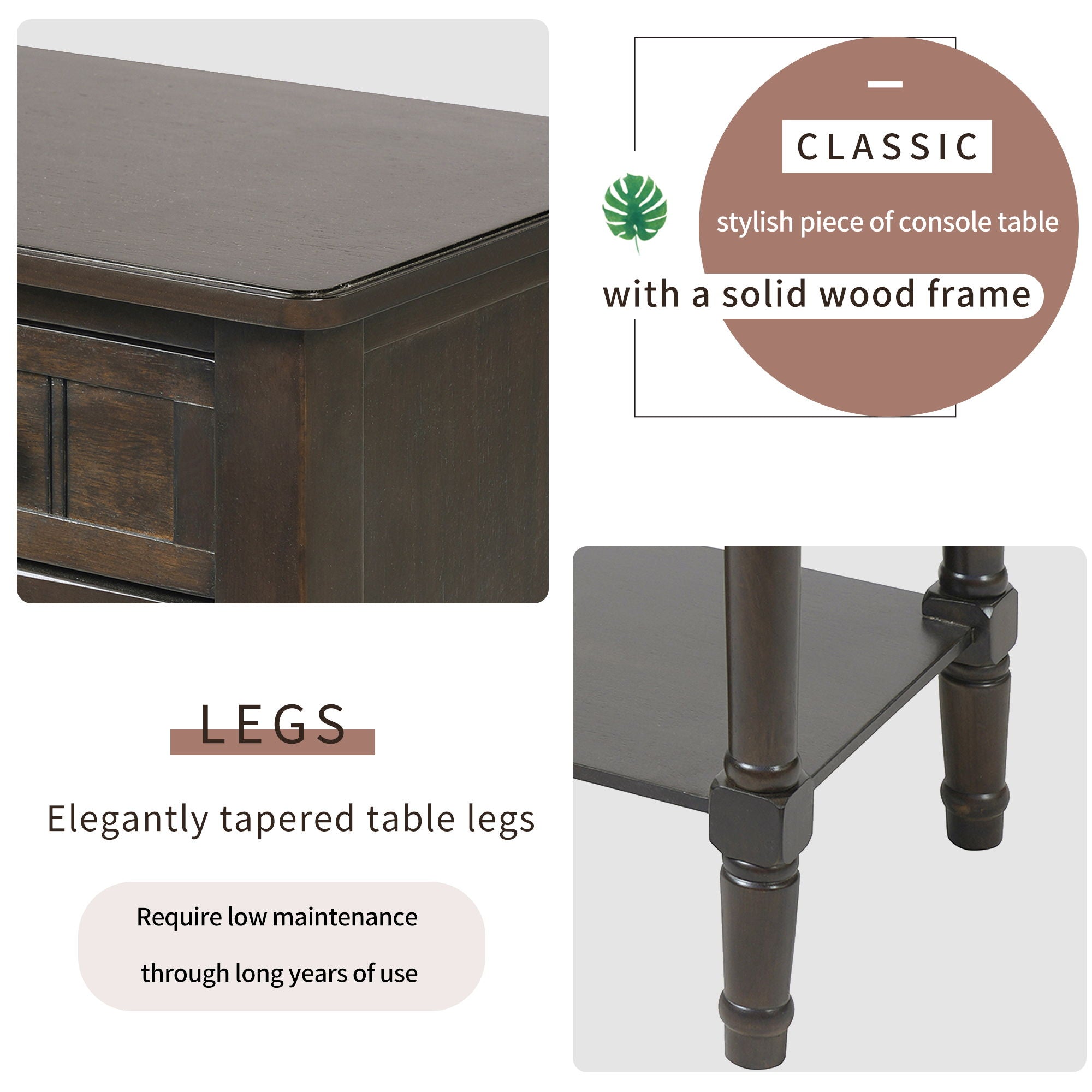 Narrow Console Table With 3 Storage Drawers And Bottom Shelf - Brown