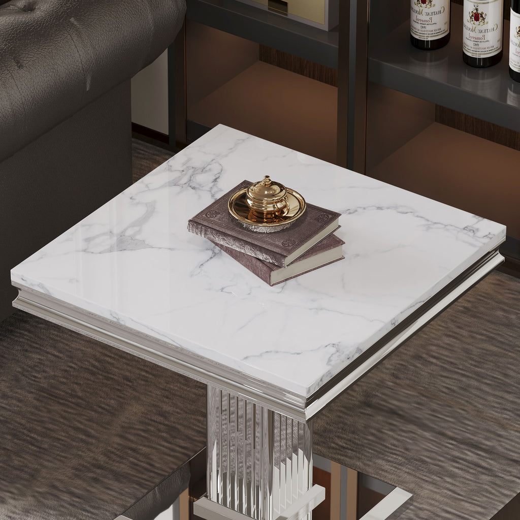 Marble Printed Top Rectangular End Table, Base With Mirrored Finish