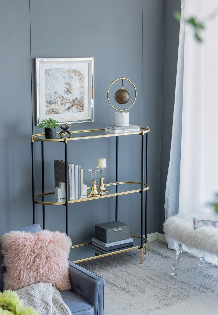 3 Tier Metal Console Table, Mirrored Shelf - Golden Black