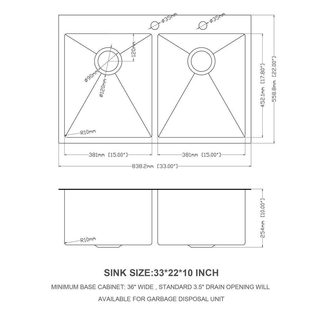 Double Bowl Drop In Kitchen Sink 33" X 22" With 16 Gauge Stainless Steel And 2 10" Deep Basins - Gunmetal Black