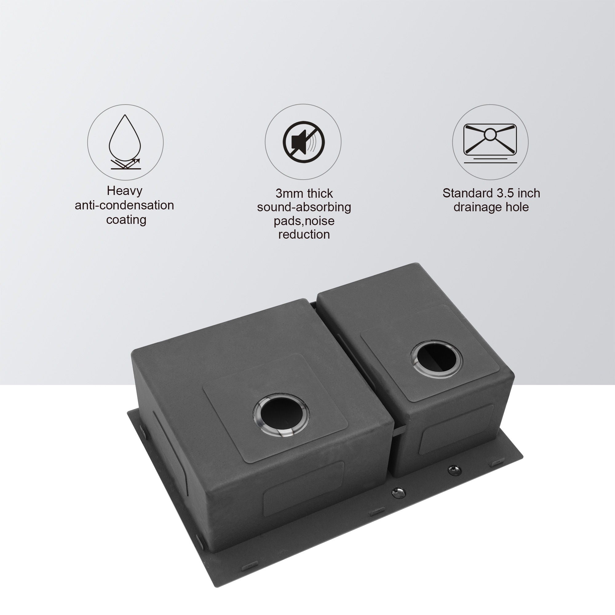Double Bowl Kitchen Sink 16 Gauge 33" X 22" With 2 10" Deep Basins - Gunmetal Black