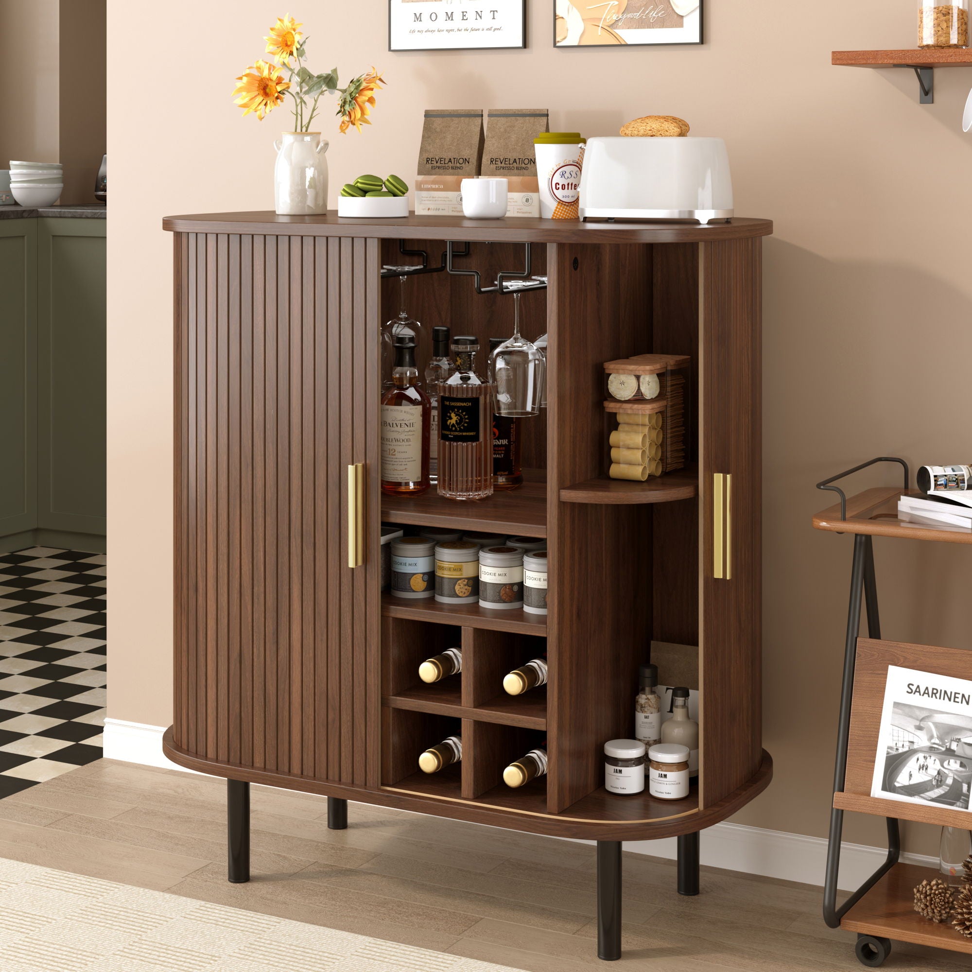 Fluted Wine Bar Cabinet With 8 Grid Wine Rack, 5 Level Adjustable Shelves, 2 Glass Holders