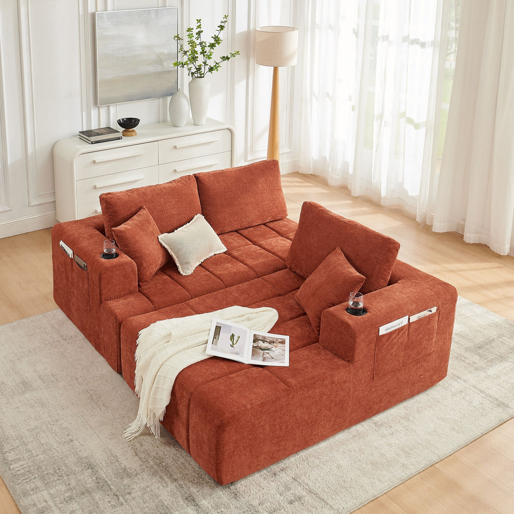 L - Shaped Sectional Sofa With Cup Holders & Side Pockets