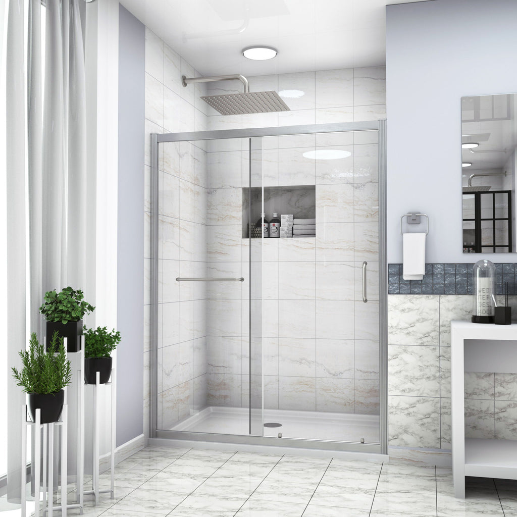 Elegant Single Sliding Bypass Shower Enclosure, Tempered Glass - Brushed Silver
