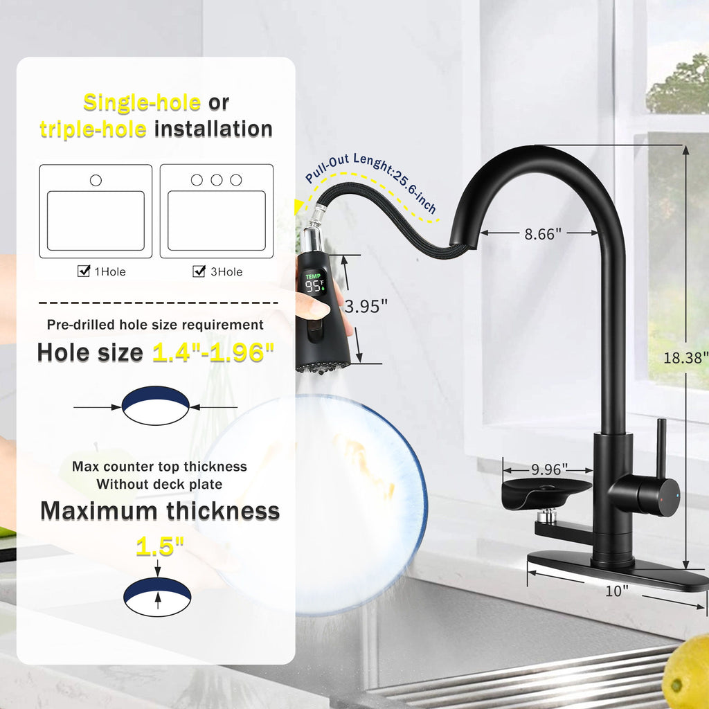 3 In 1 Kitchen Faucet With LED Temperature Display, Pull Down Sprayer