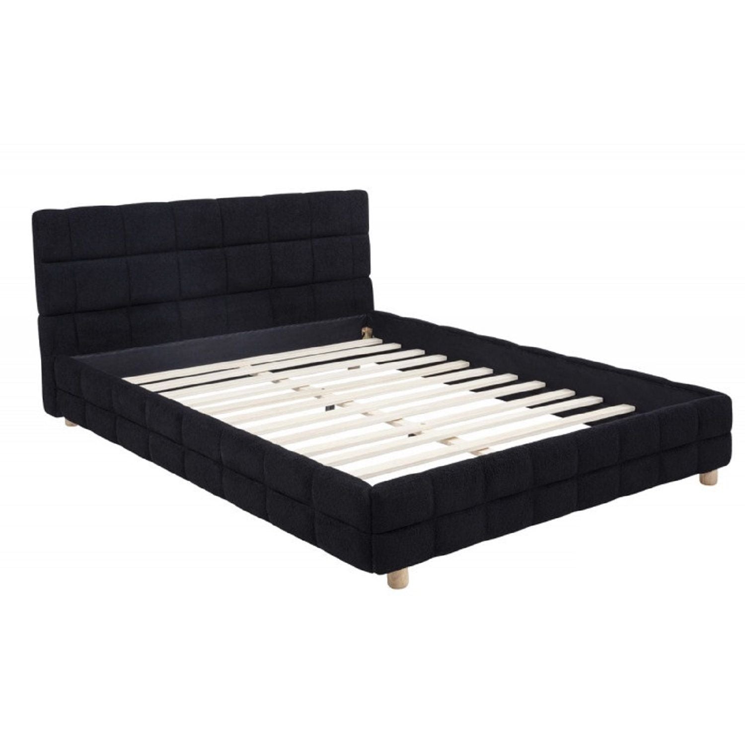 Modern Platform Bed With Upholstered Grid-Patterned Headboard