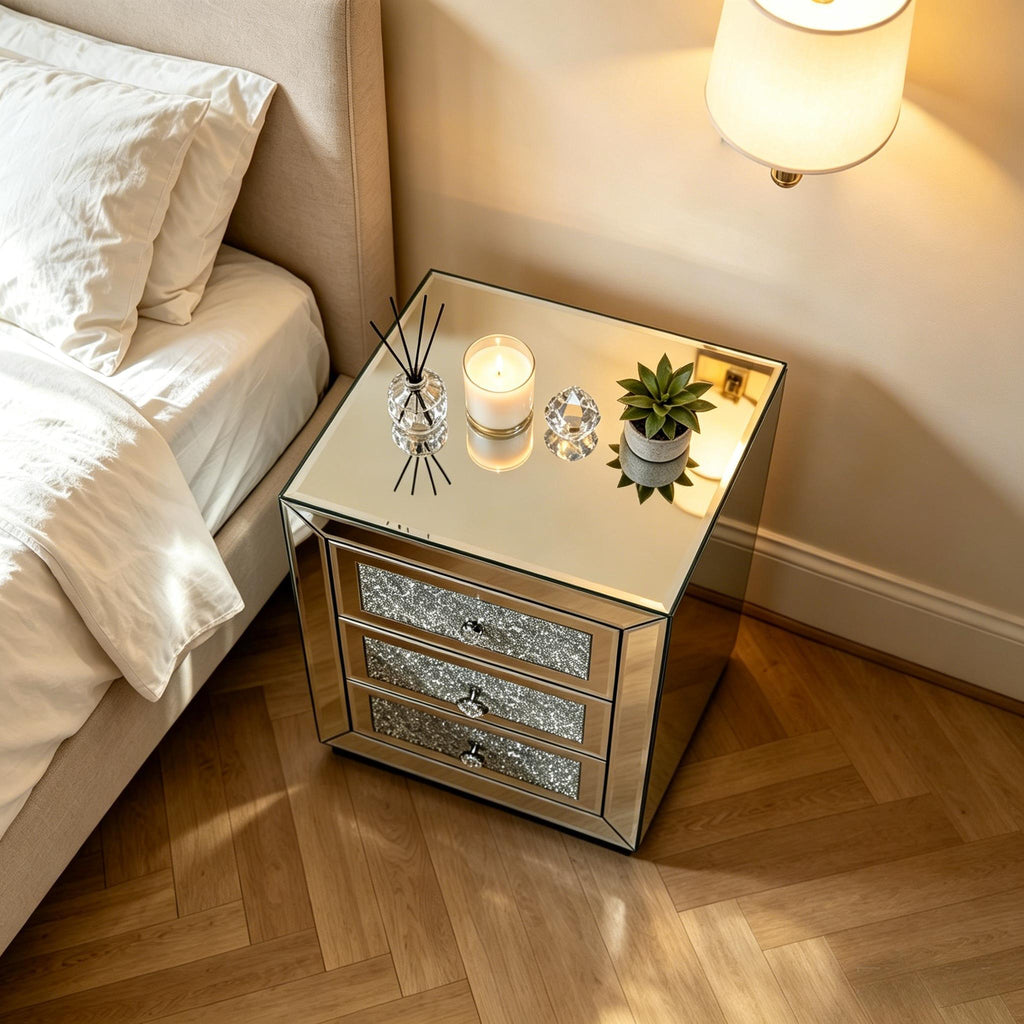 3 Drawer Nightstand With Glass Accents, Bedside Table For Bedroom - Silver