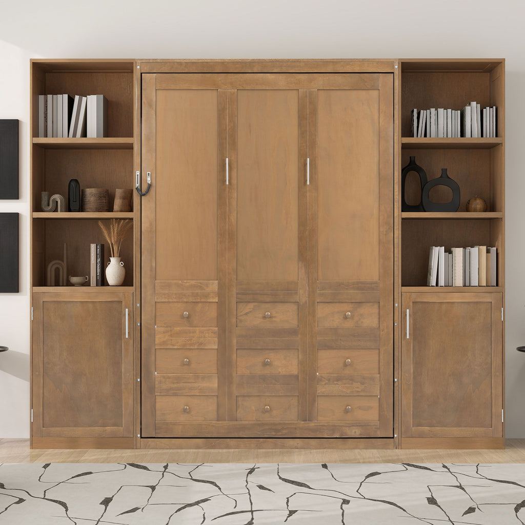 Queen Size Murphy Bed With Storage Shelves And Cabinets - Wood