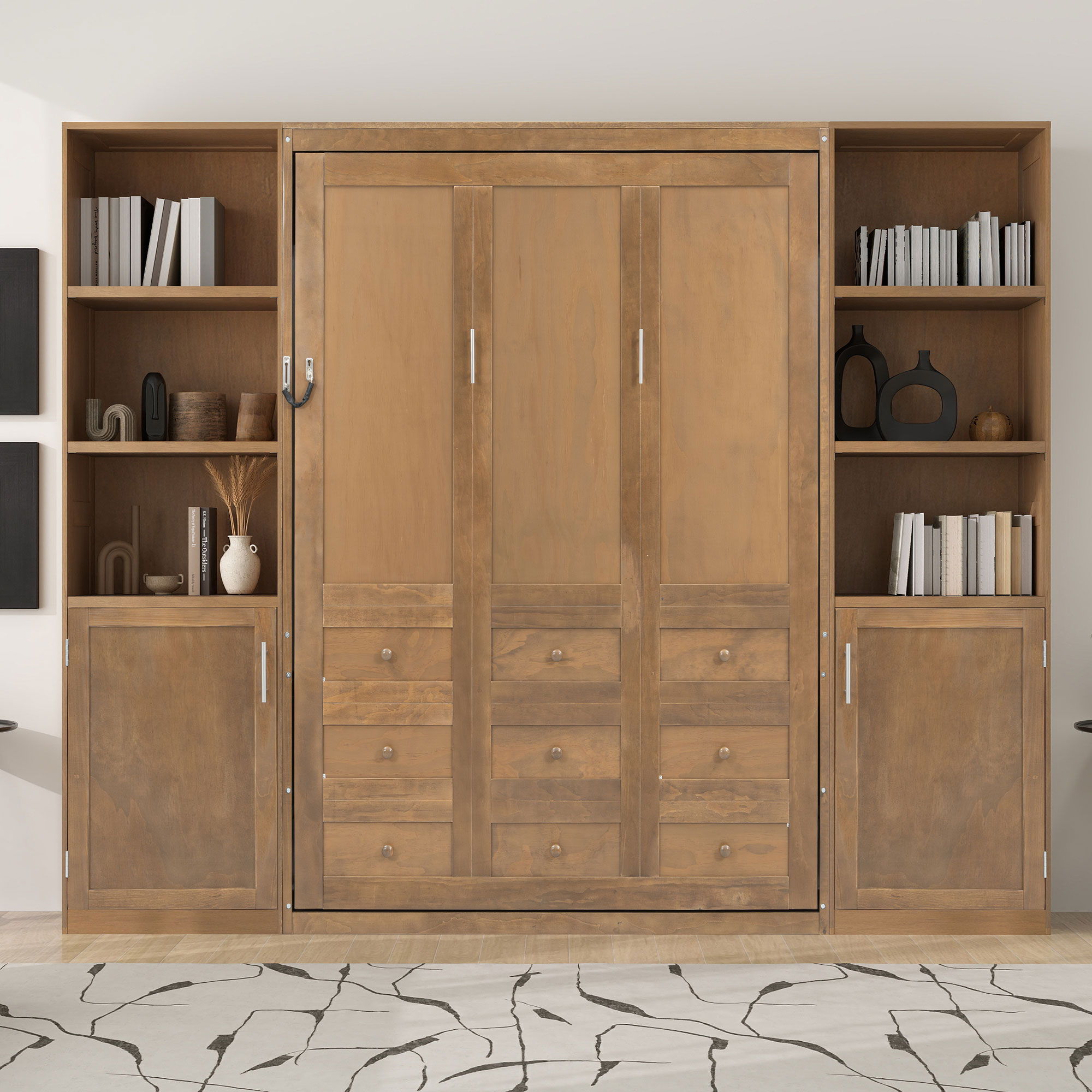 Queen Size Murphy Bed With Storage Shelves And Cabinets - Wood