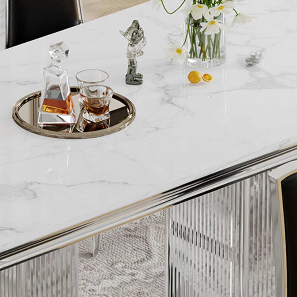 Marble Printed Top Rectangular Dining Table, Stainless Steel Base With Mirrored Finish