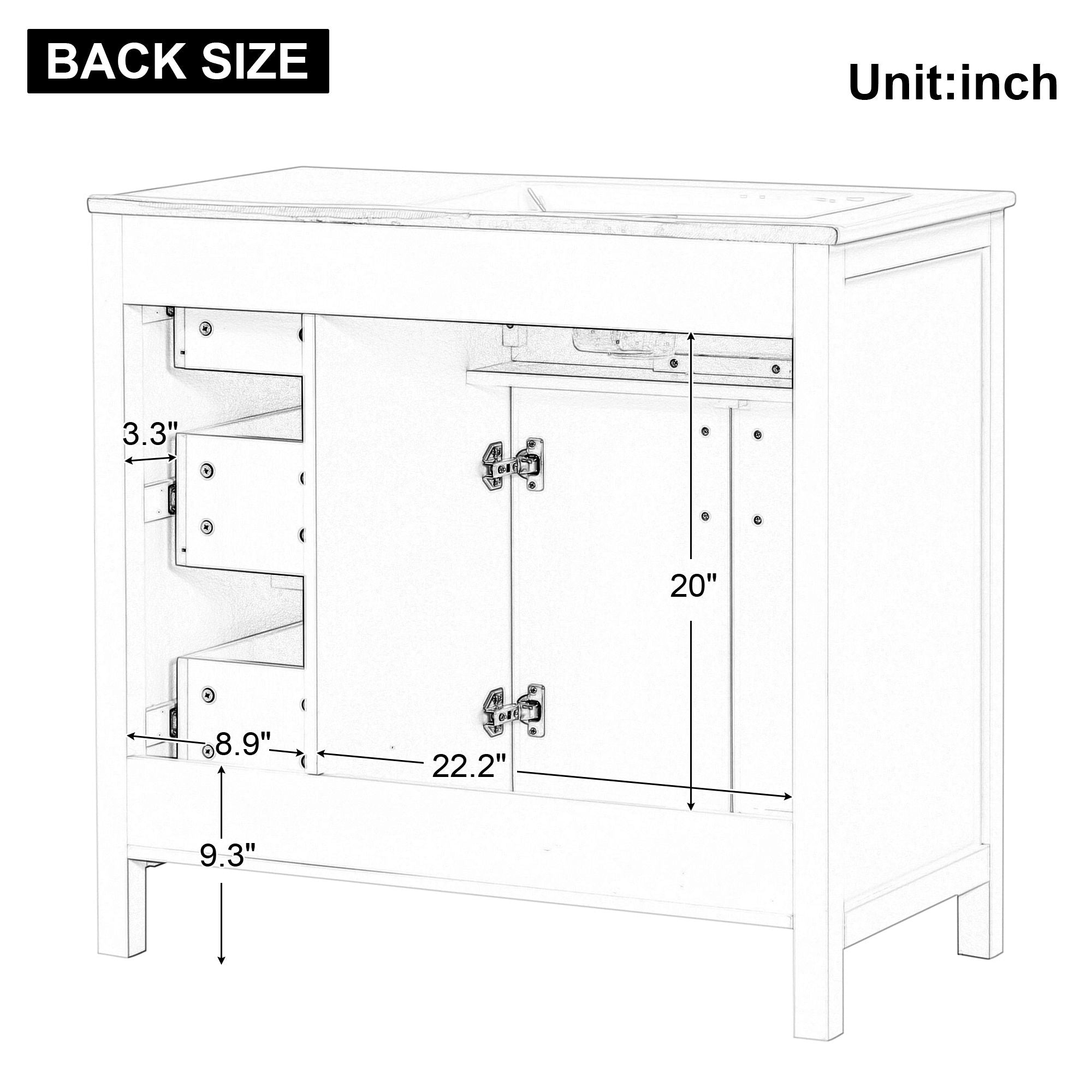 36" Bathroom Vanity With Sink, 2 Doors, 3 Drawers, Rectangular - White