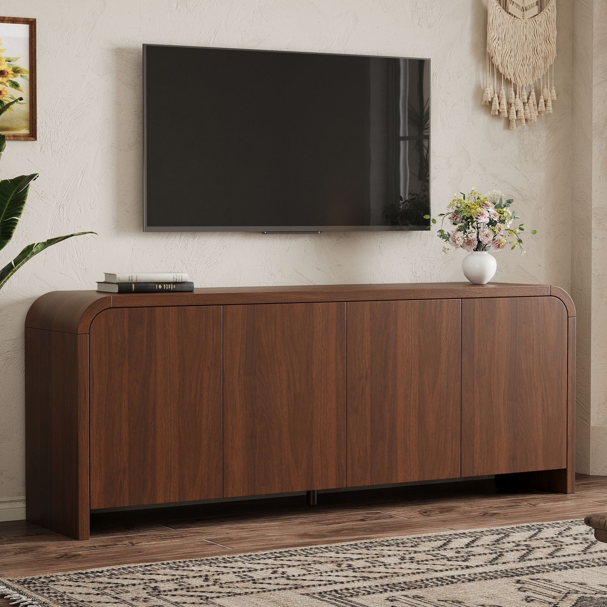 Curved Edge TV Stand With Large Cabinets