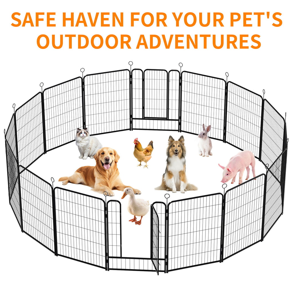 Dog Playpen, 16 Panels Pet Exercise Pen Indoor / Outdoor Fence With Anti Skid Base - Black
