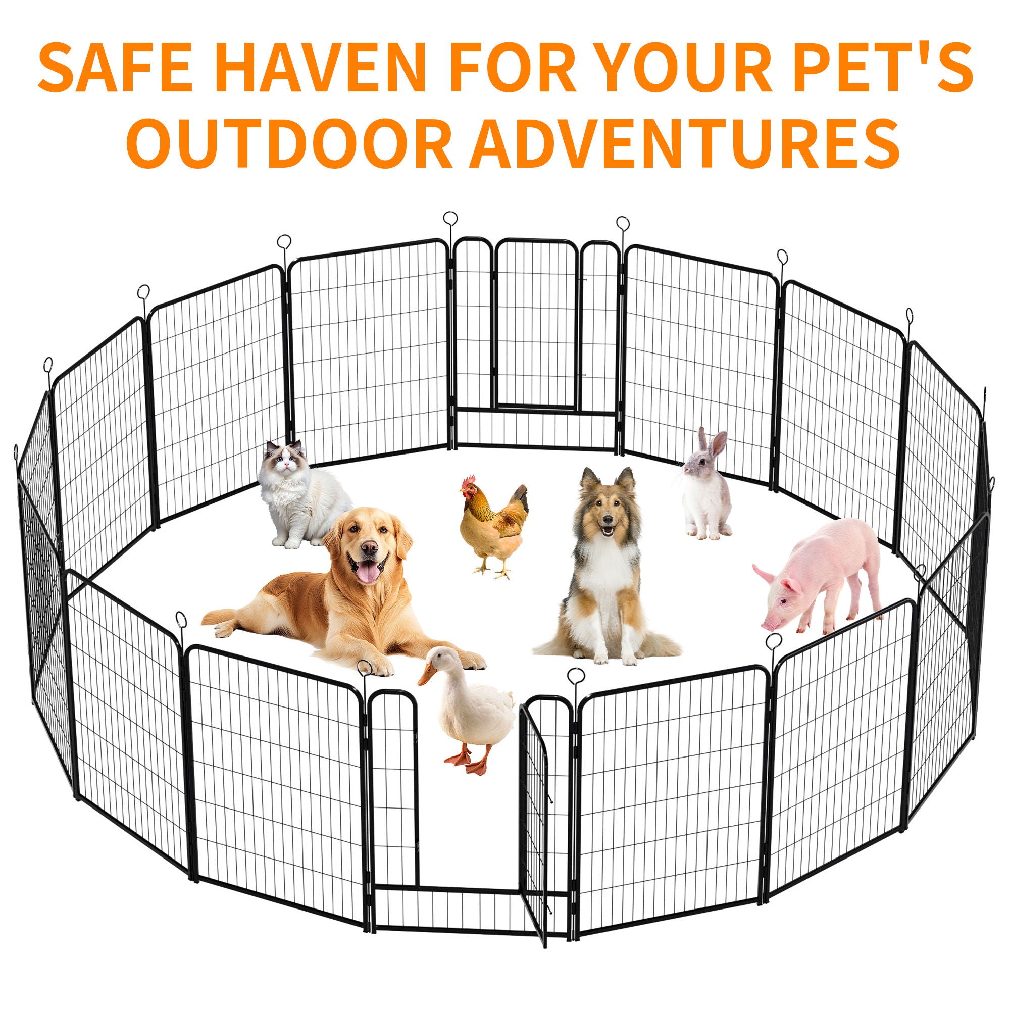 Dog Playpen, 16 Panels Pet Exercise Pen Indoor / Outdoor Fence With Anti Skid Base - Black