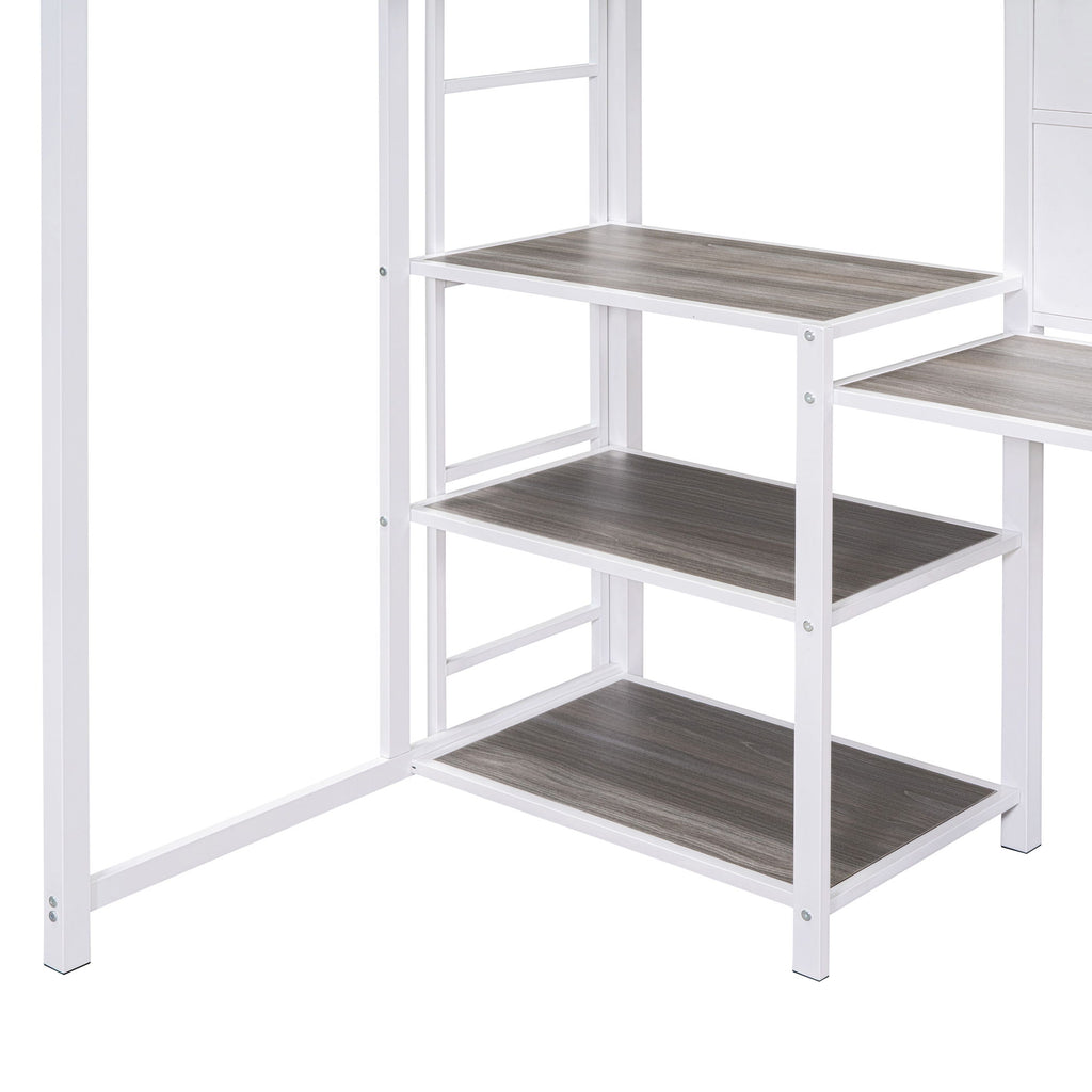 Metal Loft Bed With Desk, 3 Shelves And Ladder