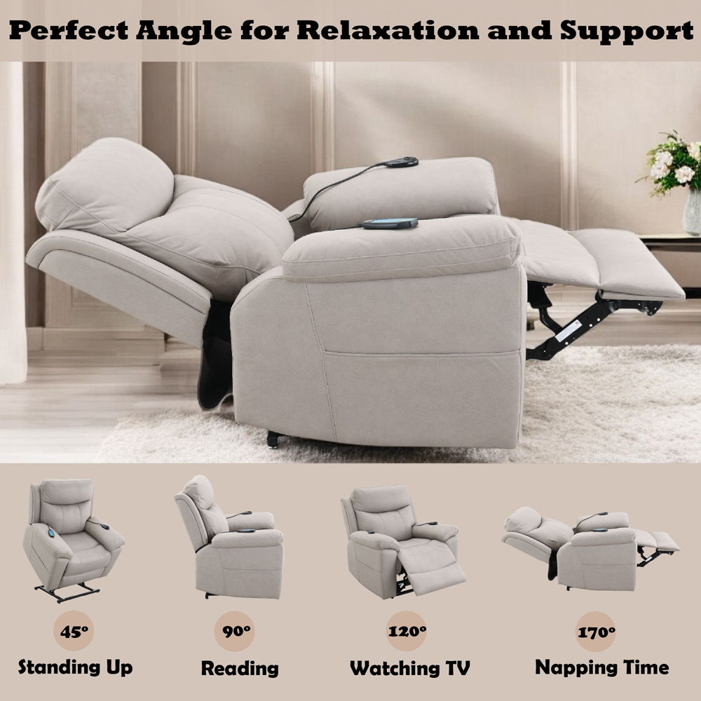 Chriki - Power Recliner With Lift & Heating & Massage - Beige Chenille & Black