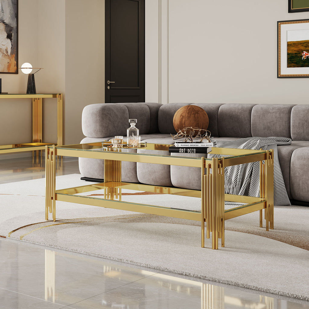 Top And Bottom Double Layer Tempered Glass Table And Mirror Finished Stainless Steel Frame
