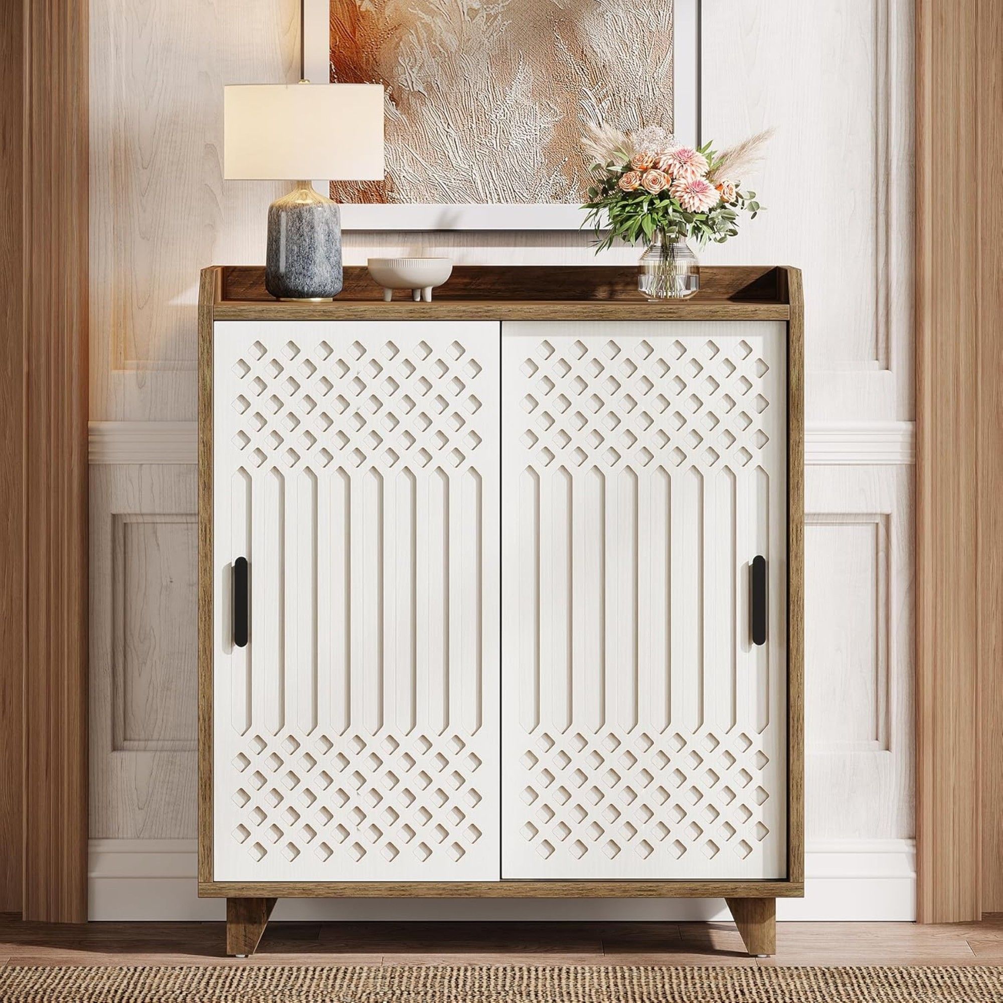 Sliding Door Sideboard Buffet Cabinet With Storage For Dining Room - Brown / White