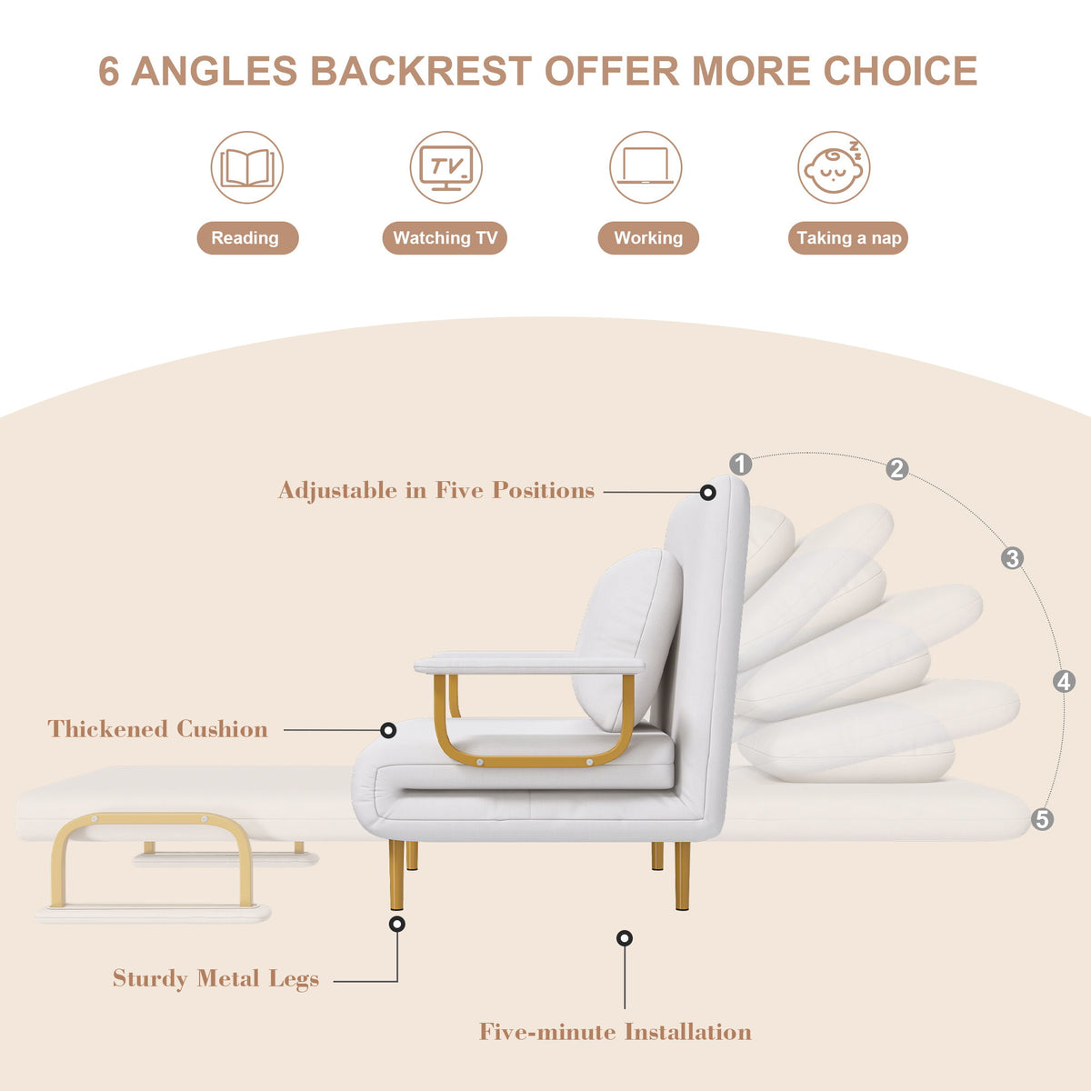 3 In 1 Convertible Folding Sofa Bed With Adjustable Backrest And Pillow