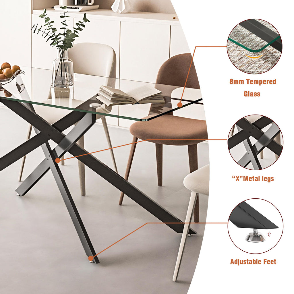 Stylish Design Rectangular Clear Tempered Glass Dining Table With Metal Legs