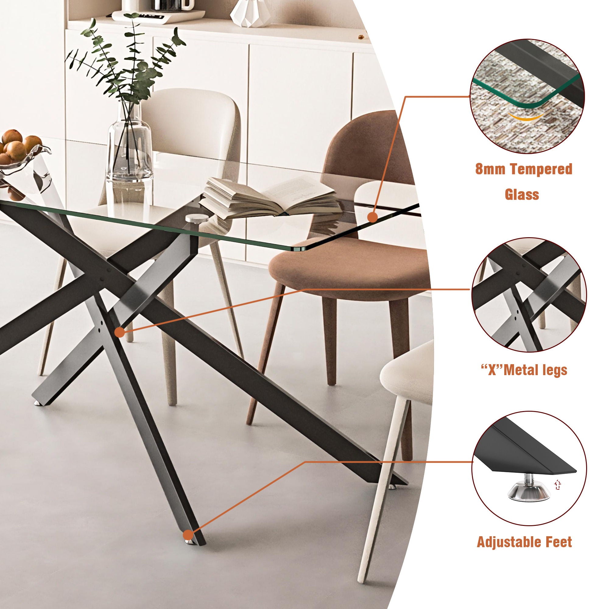 Stylish Design Rectangular Clear Tempered Glass Dining Table With Metal Legs