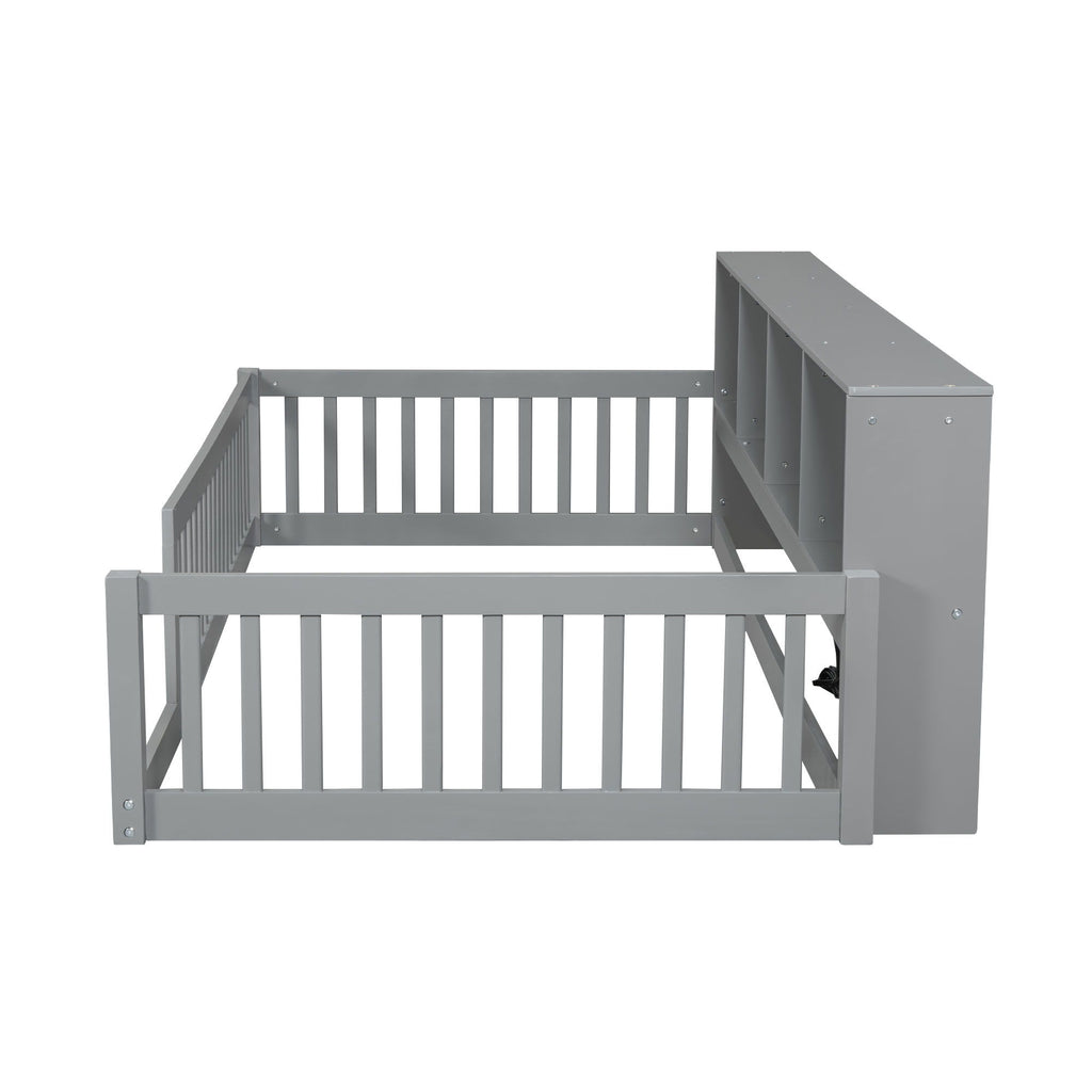 Twin Long Floor Bed With Storage Cabinets And USB Ports - Gray
