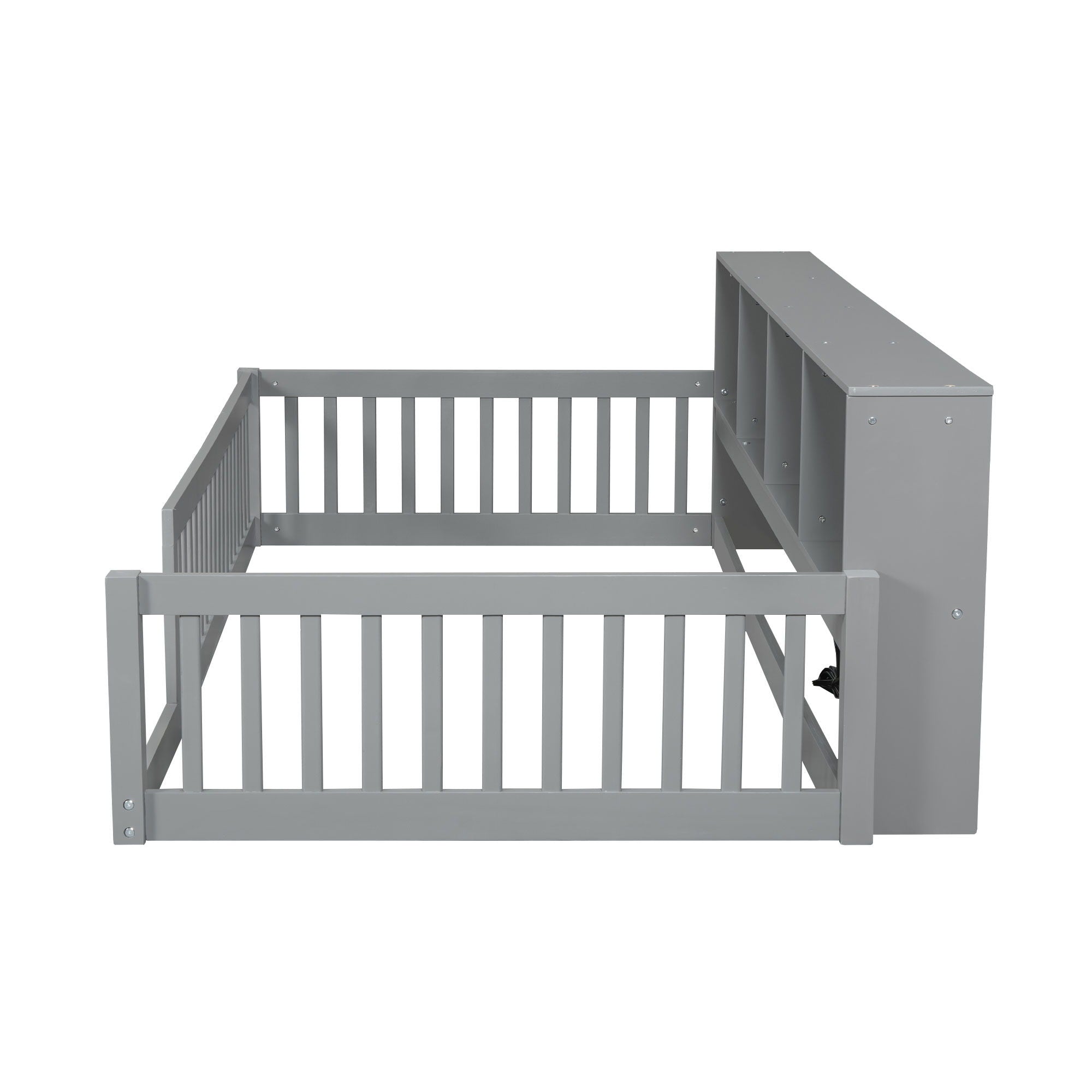 Twin Long Floor Bed With Storage Cabinets And USB Ports - Gray