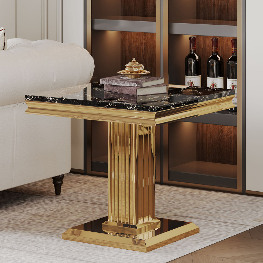 Marble Printed Rectangular End Table With Stainless Steel Legs - Gold / Black