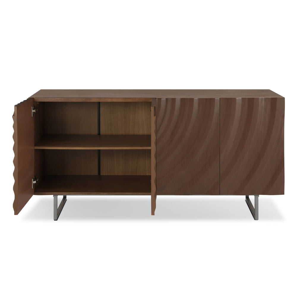 Modern Sculptural Sideboard, Ripple Doors, Adjustable Shelves, Metal Legs - Brown / Silver